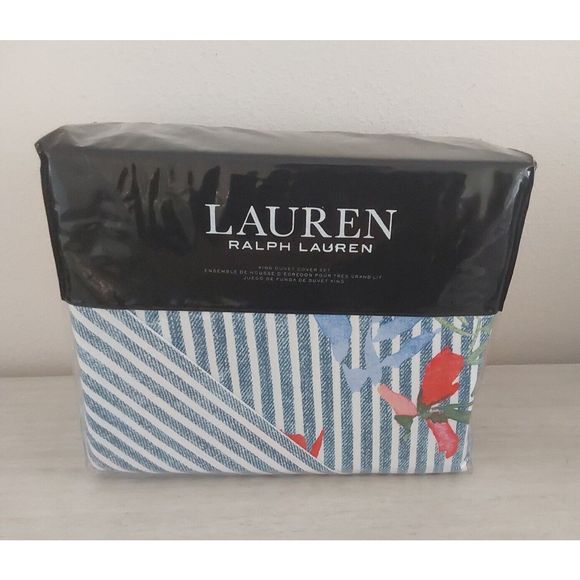Ralph Lauren MAGGIE FLORAL Blue King Duvet Cover Sheet Set Euro Sham Bedding Set - Picture 5 of 16